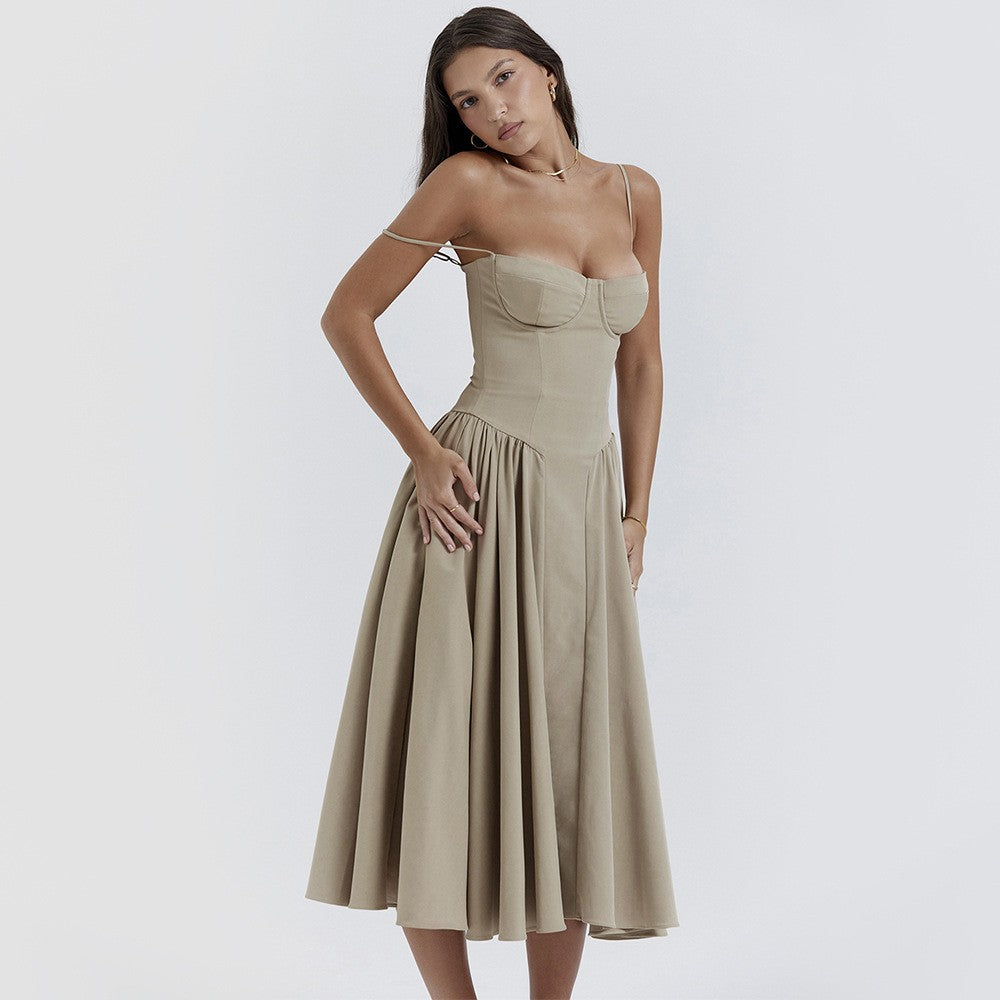 Summer Women Elegant Sleeveless Backless Pleated Dresses Lady Sexy Solid Sling M