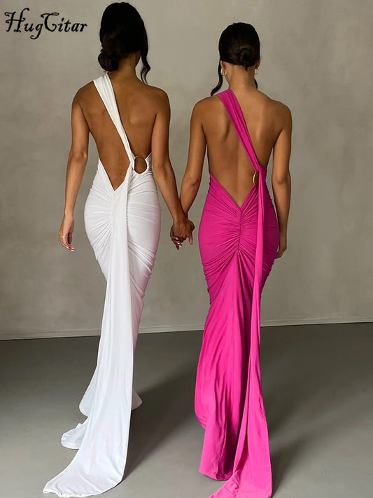 Hugcitar One Shoulder Backless Adjustable Scarf Loop Ruched Sexy Maxi Dress Wome