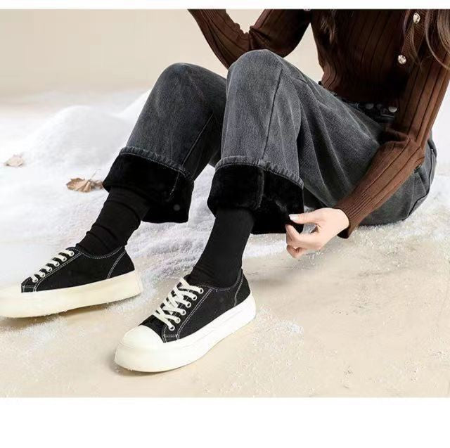 Thickened Fleece Lined Retro Women's Wide Leg Jeans Winter New Style Hong Kong Flavor Small Size Straight Cut Warm Trousers