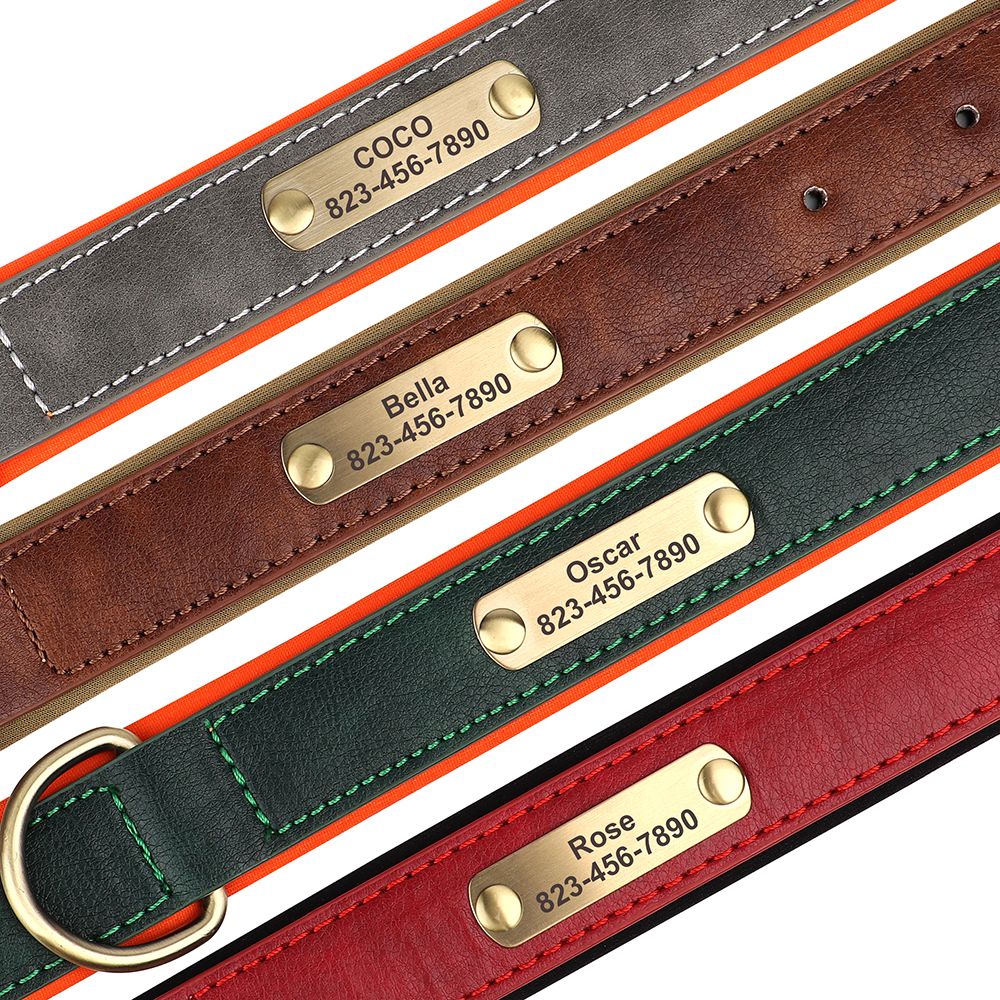 Coleira de cachorro personalizada em couro PU, gravação gratuita, coleiras de identificação de cachorro, coleiras acolchoadas macias para cães pequenos, médios e grandes, ajustáveis