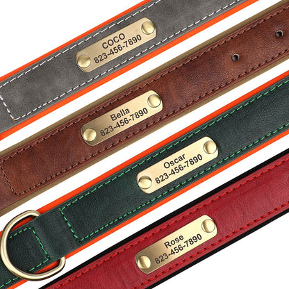 Coleira de cachorro personalizada em couro PU, gravação gratuita, coleiras de identificação de cachorro, coleiras acolchoadas macias para cães pequenos, médios e grandes, ajustáveis