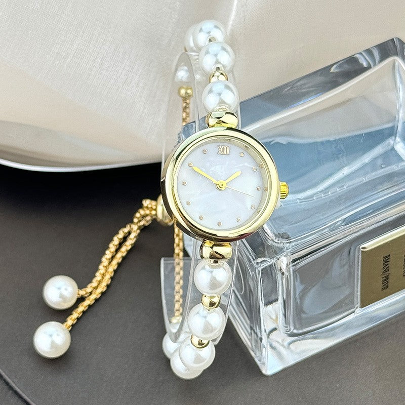 French Romantic Pearl Pull Cord Handheld Watch Elegant Small Fashion Bracelet Quartz Wristwatch Stylish Portable Timepiece
