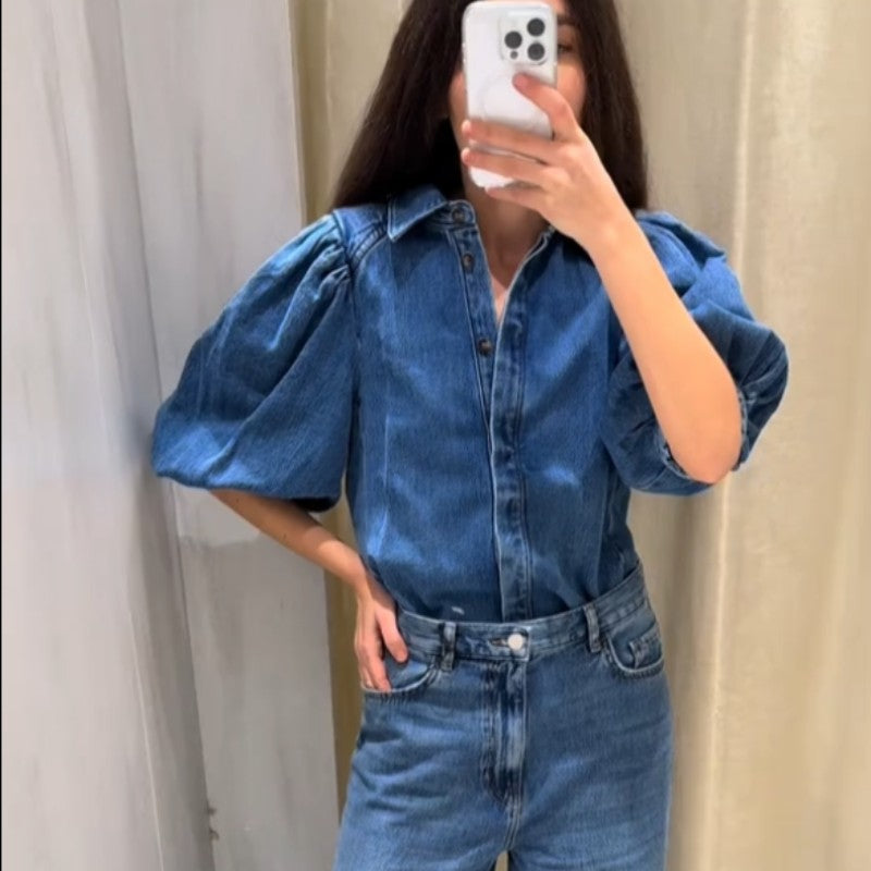 Fashion Denim Women Short Shirt Lapel Half Puff Sleeve Pleated  Turn-down Collar Solid Female Top 2025 Autumn Lady Shirts