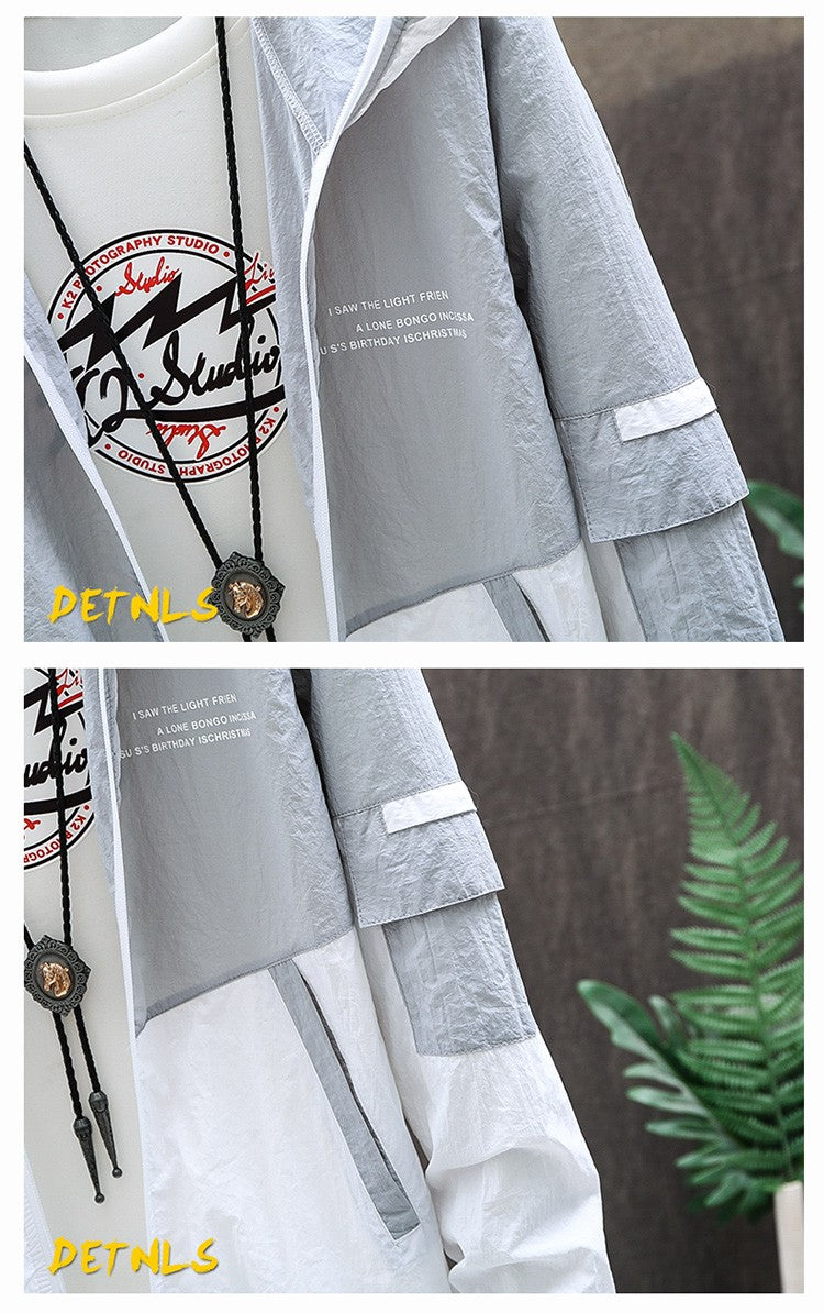 Summer Men's Sun Protection Shirt Thin Quick Drying Hood Windproof Jacket Breathable Letter Print Casual and Versatile Cardigan