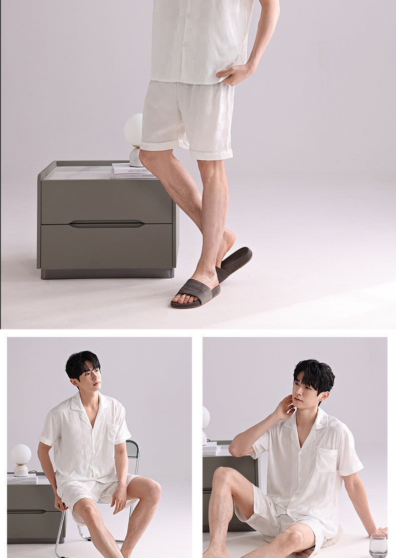 Ice Silk Pajamas Men's Spring and Summer Light and Breathable Simulation Silk Satin Short-sleeved Shorts Youth Simple Loungewear
