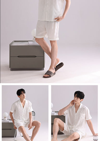 Ice Silk Pajamas Men's Spring and Summer Light and Breathable Simulation Silk Satin Short-sleeved Shorts Youth Simple Loungewear