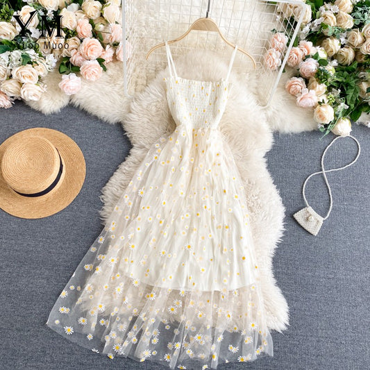 YuooMuoo Korean Fashion Daisy Flower Print Mesh Party Dress Summer Two Layers Sp
