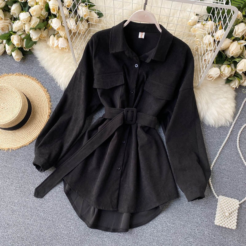 Women Spring Autumn Shirts Retro Cargo Style Pockets Long-Sleeved Shirt Puff Sleeve Bandage Nipped Waist Tops Female PL438