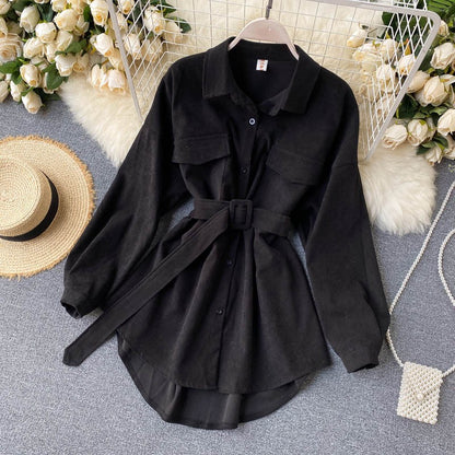 Women Spring Autumn Shirts Retro Cargo Style Pockets Long-Sleeved Shirt Puff Sleeve Bandage Nipped Waist Tops Female PL438