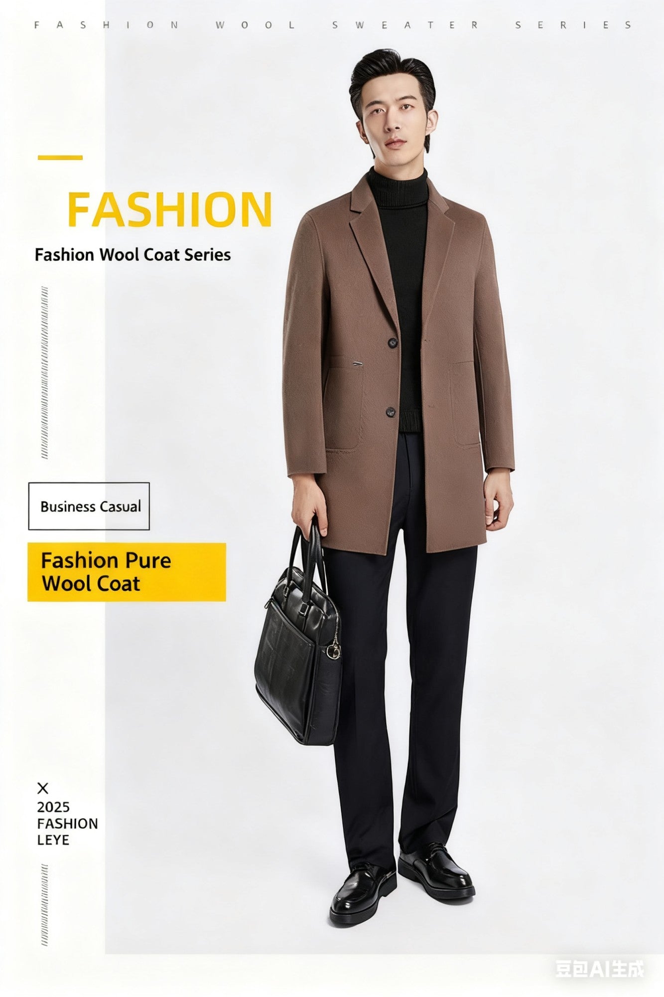 Men's 100% Wool Blend Overcoat - British-Inspired Mid-Length Trench Coat for All-Weather Smart Casual Wear