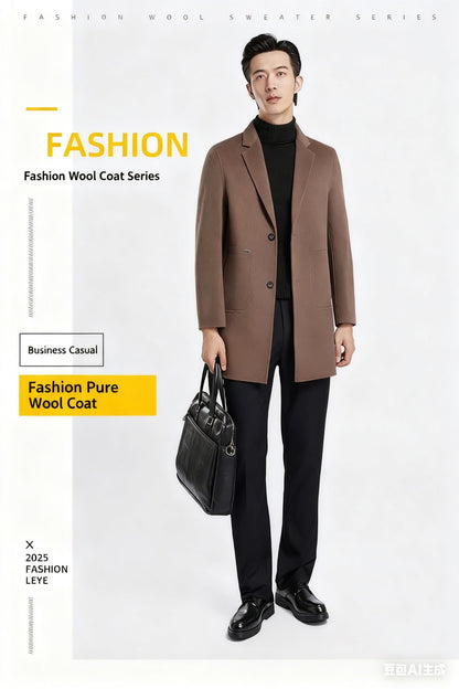 Men's 100% Wool Blend Overcoat - British-Inspired Mid-Length Trench Coat for All-Weather Smart Casual Wear