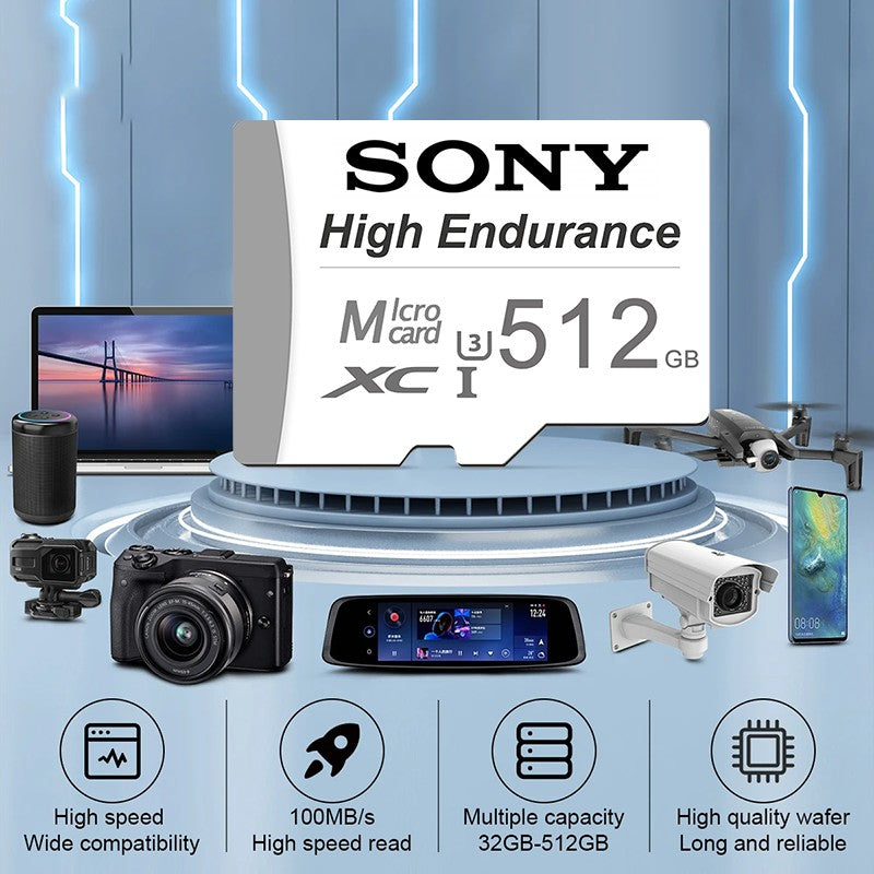 Cartão Micro TF/SD de Alta Resistência SONY 512GB 64GB 128GB 256GB Cartão de Memória de até 100MB/s Cartão Flash TF para Monitoramento Câmera Veicular