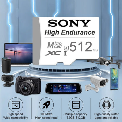 Cartão Micro TF/SD de Alta Resistência SONY 512GB 64GB 128GB 256GB Cartão de Memória de até 100MB/s Cartão Flash TF para Monitoramento Câmera Veicular