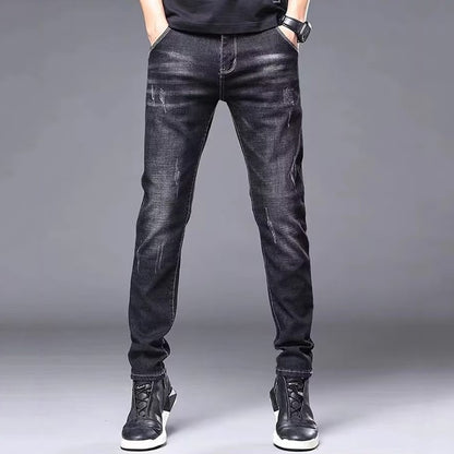 Men's Stylish Classic Business Casual Jeans Four Seasons Wear Black Blue Pants Middle-waist Leggings Denim Fabric Trousers Male