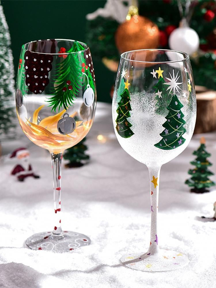 Taças de Vinho de Natal 450ml Papai Noel Árvore de Natal Pinhas Vinho Tinto Taças de Natal para Vinho Champanhe Suco