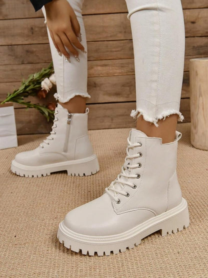 Thick Warm Long Plush Ankle Boots for Women Winter 2024 Lace Up Pu Leather Motorcycle Boots Woman Plus Size Short Booties Shoes