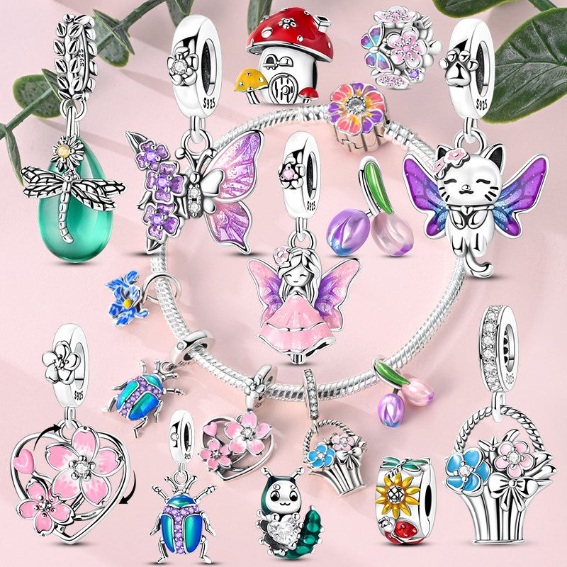 Pingente Charm Libélula Tema Primavera Prata Esterlina 925 Borboleta Flor Pendente Compatível com Bracelete Colar Joias DIY