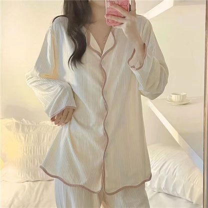 Ins style women's simple long sleeved long pants pajama set Spring/Autumn girl style solid color sweet cardigan home suit set
