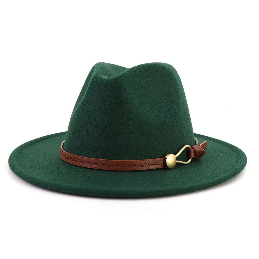 New Brown Belt Buckle Jazz Fedora Hat Autumn Winter Women Men Party Church Top Hat Wide Brim Sun Hat Felt Panama Cap