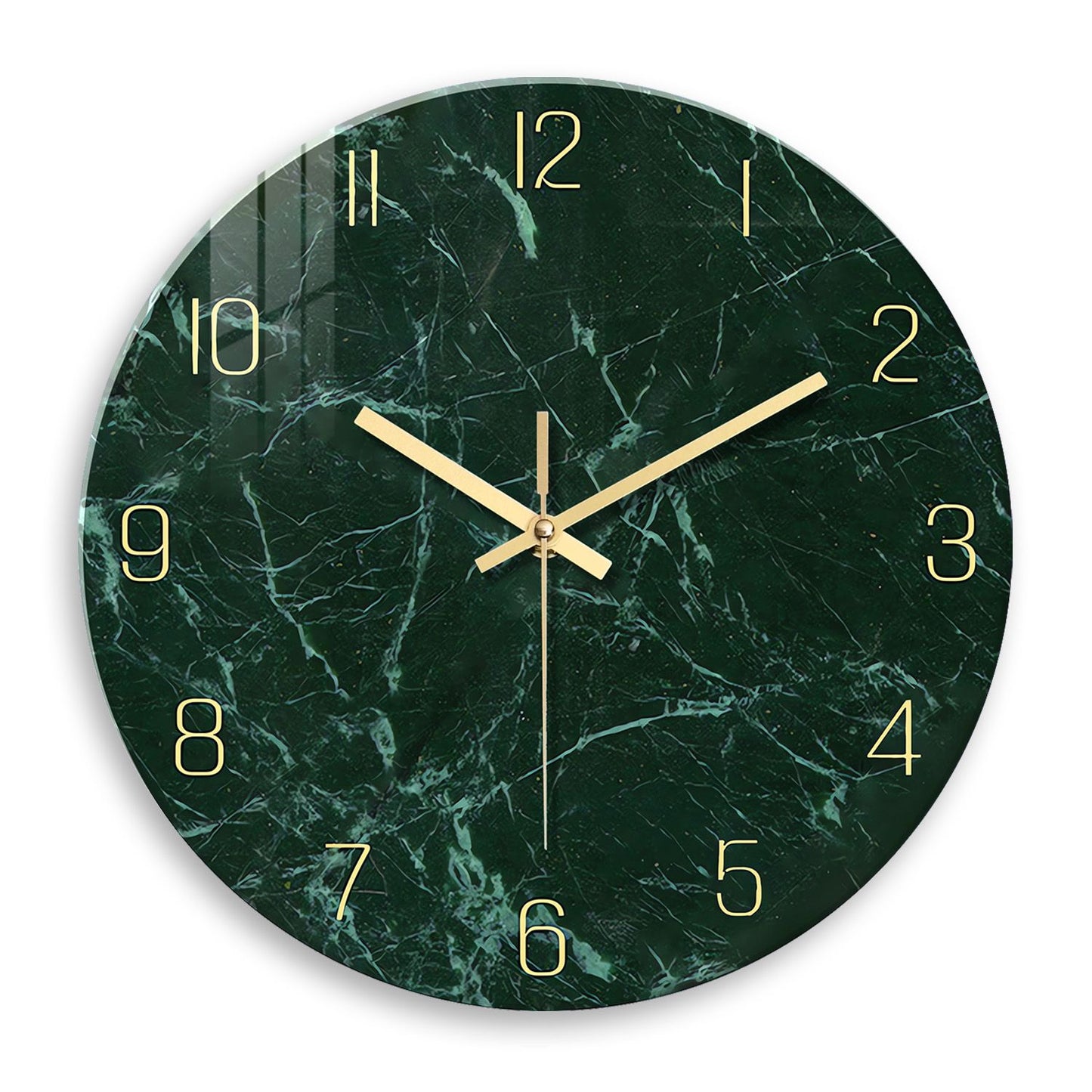 Personalized Dark Green Marble Texture Pattern Tempered Glass Wall Clock Living Room Bedroom Kitchen Home Decoration Wall Clock Silent Quartz Clock Holiday Gift 12 Inches 14 Inches 16inch (Without Batteries)