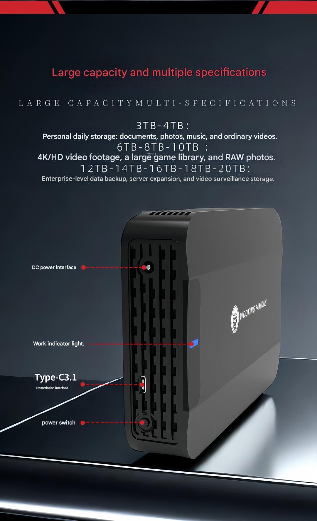 CoolFish HDD 3.5'' External Hard Disk 3TB/4TB/6TB/8TB/10TB/12TB TypeC Hard Drive External Storage Decives Hard Disks for PC/ Mac