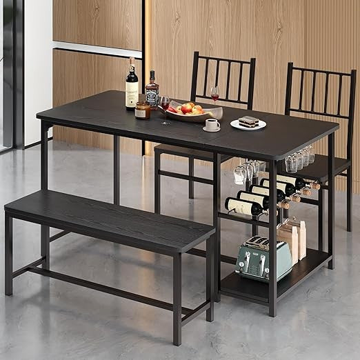 Dining Table Set for 4 with Chairs and Bench, 55" Kitchen Table Chairs Set of 4 with Wine Rack, Wine Glasses Holder, Small Dini