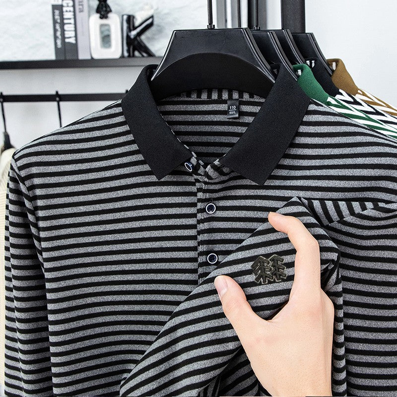 Men's Long Sleeved T-shirt, Youth Lapel T-shirt, Autumn Clothes Striped Polo Shirt Double-sided German Velvet 2025 New Trend Top