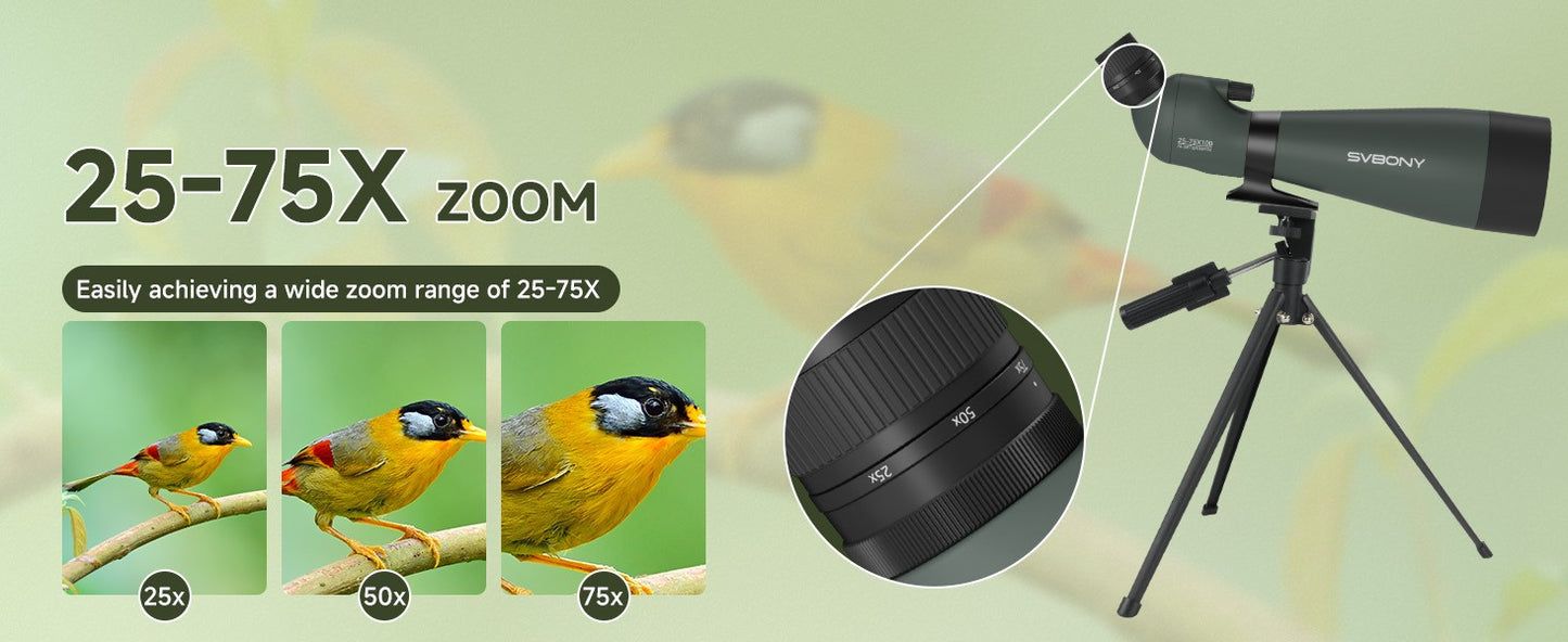 Svbony 25-75x100mm SV28A Lunetas de Observação Anguladas com Tripé e Adaptador de Telefone Telescópio FMC para Observação de Pássaros Observação Diária