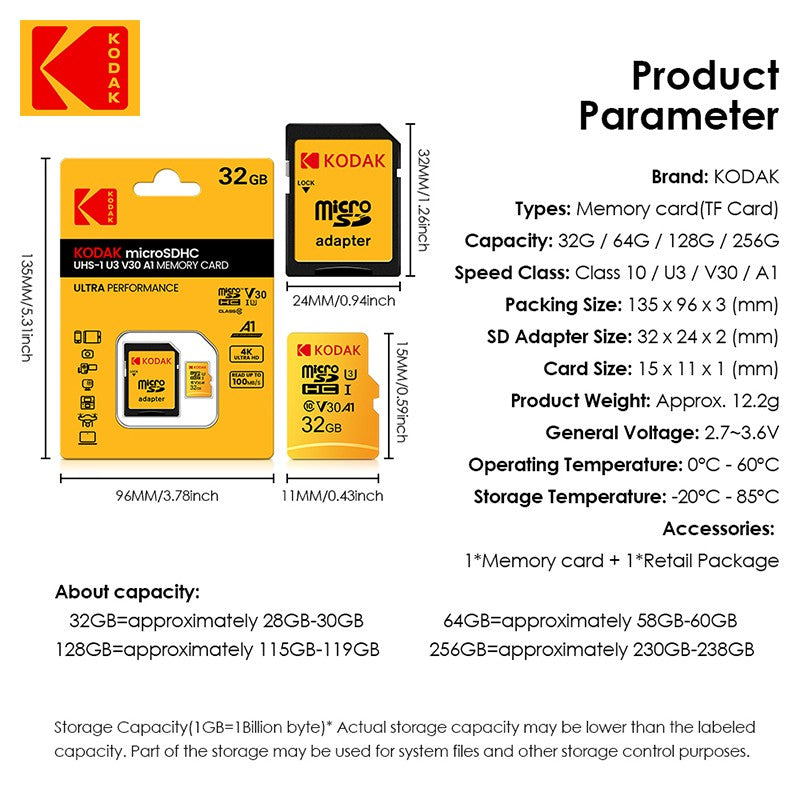 Original Cartão Micro SD Kodak 64GB Classe 10 Cartão de Memória de Alta Velocidade 32GB Atacado Cartão U3 Smartphone Tablet Câmera GoPro
