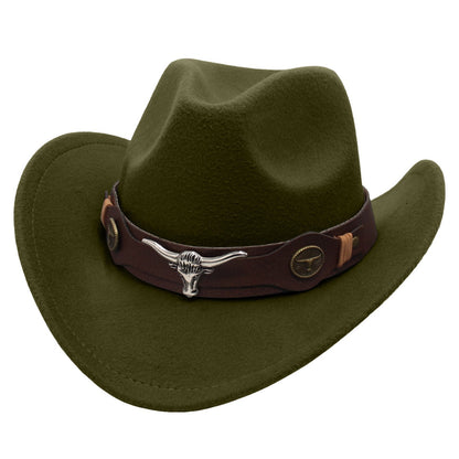 New Felt Western Cowboy Hat Ox Head Accessories Ethnic Style Roll Brim Cowgirl Cap with Cow Band Soft Jazz Fedora Hats Men