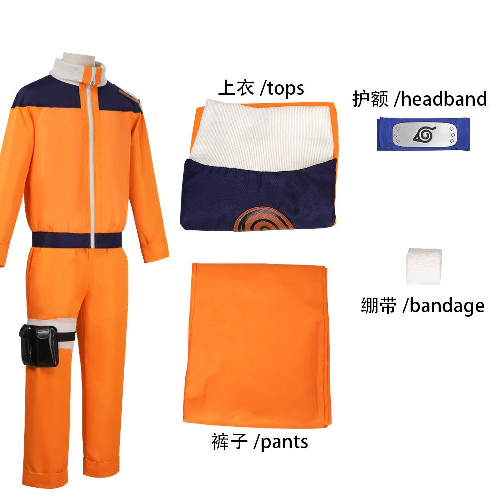 Uzumaki Cosplay Costume Orange Clothes with Headband & Kunai Pouch Pre-Shippuden Genin Ninja Outfit Blonde Wig Unisex Adult Hall