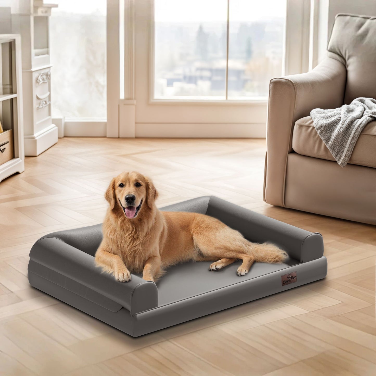 Cama Ortopédica para Cães M-XXL Almofadada em Couro de Microfibra Sofá para Cães de Estimação Impermeável Cama Calmante com Capa Removível Fácil de Limpar