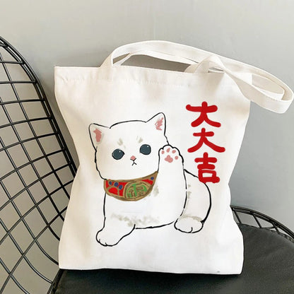 Kawaii Cats Manga Cartoon Reusable Tote Bag Women's High Capacity Versatile Canvas Shoulder Bag, Beach Shopper Handbag
