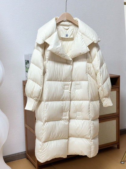 Schinteon Women White Duck Down Long Jacket Autumn Winter Warm Casual Over Size Loose Outwear Soft Comfortable Fashion Coat New