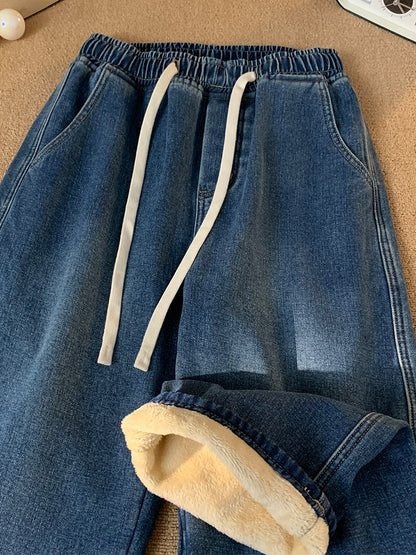 Men's Winter Jeans Fleece-Lined Brushed Thick Warm Denim Pants Korean Style Straight Fit Insulated Trousers Asians Size M-3XL