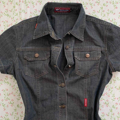 Y2k retro solid color denim material women T-shirt single-row button Harajuku slim short denim shirt casual top