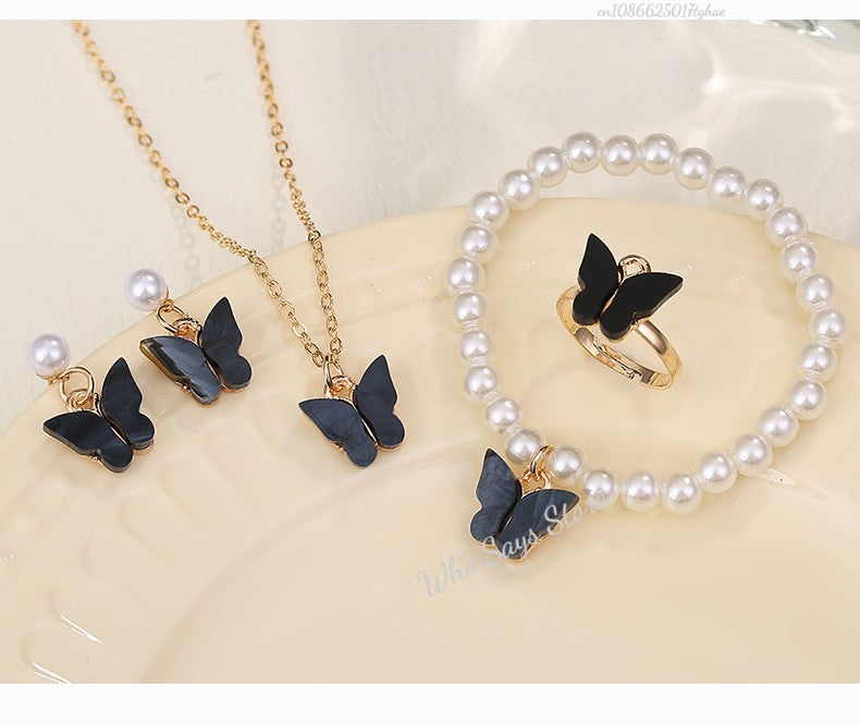 Conjuntos de Joias de Borboleta com Cristal Acrílico Romântico Pulseira Anel Colar Brinco Conjunto para Mulheres Acessórios de Vestido de Jantar de Casamento