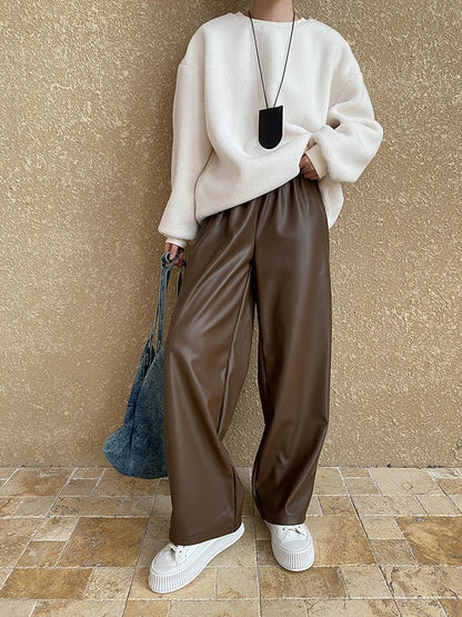 High Elastic Waist Coffee Pu Leather Long Wide Leg Pants New Trousers Women Fashion Tide Spring Autumn