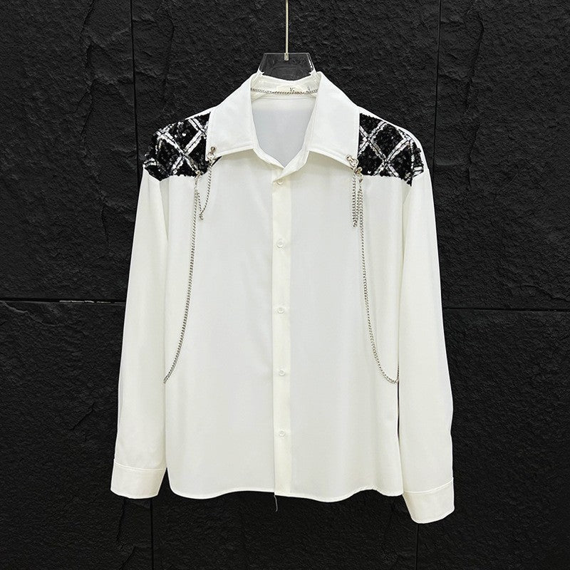 New high-end personalized metal chain design for men's long sleeved patchwork loose sequined shirt