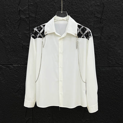 New high-end personalized metal chain design for men's long sleeved patchwork loose sequined shirt