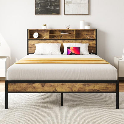 Full Size Bed Frame, Metal Platform Bed with Storage Headboard, Charging Station & Bookcase, No Box Spring Needed, Easy