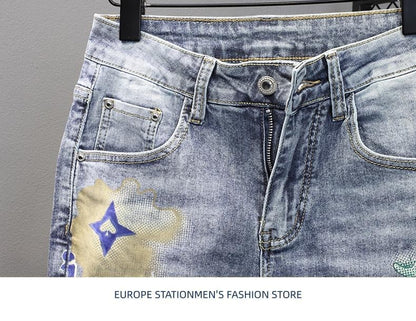 Summer 2024 New Fashion Trend Printed Stretch Cotton Shorts Men's Casual Sashimi Comfort High Quality Plus-Size Denim Shorts