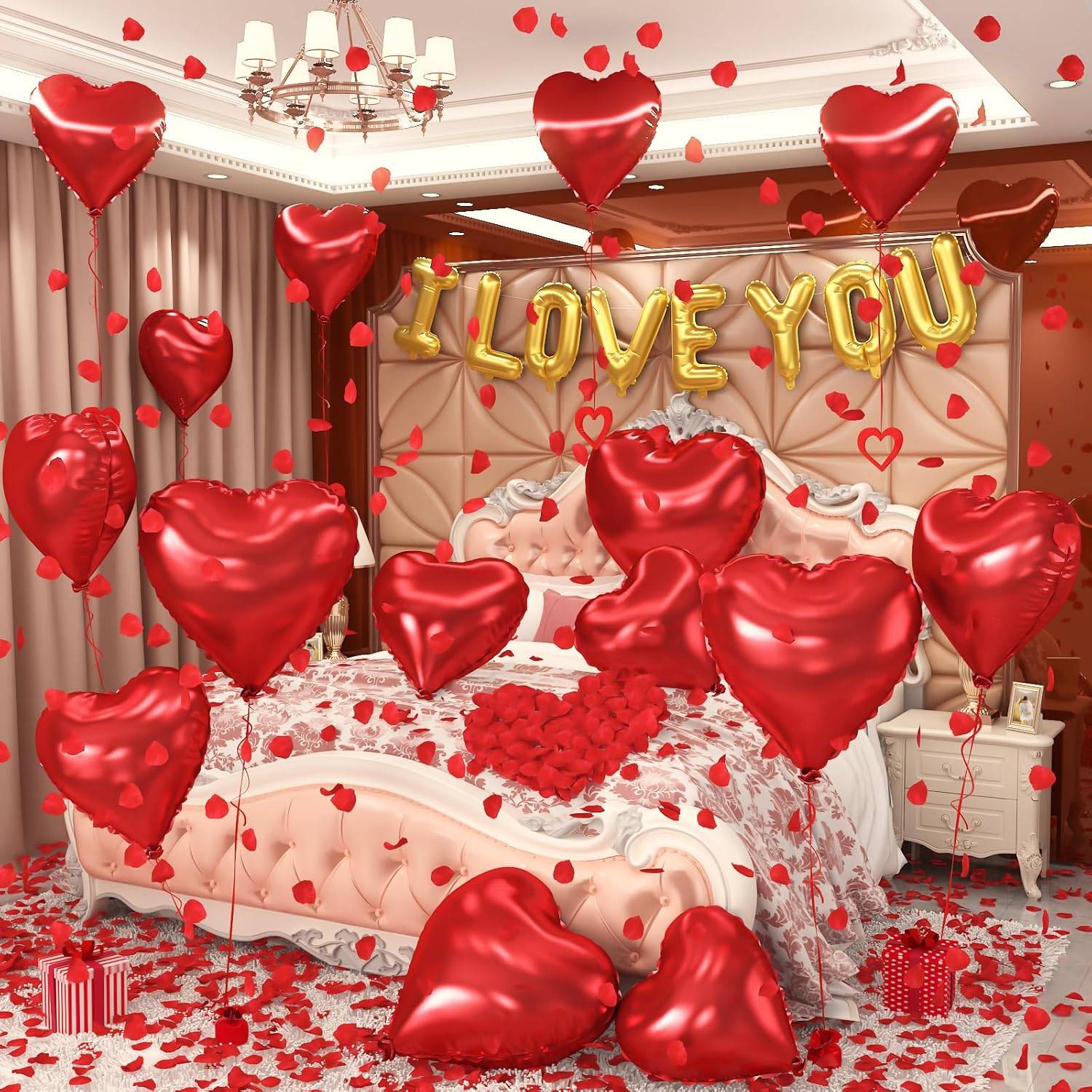 I Love You/Red Heart Love Foil Balloon 1000Pcs Rose Petals for Wedding Anniversary Valentine Day Romantic Special Night Party