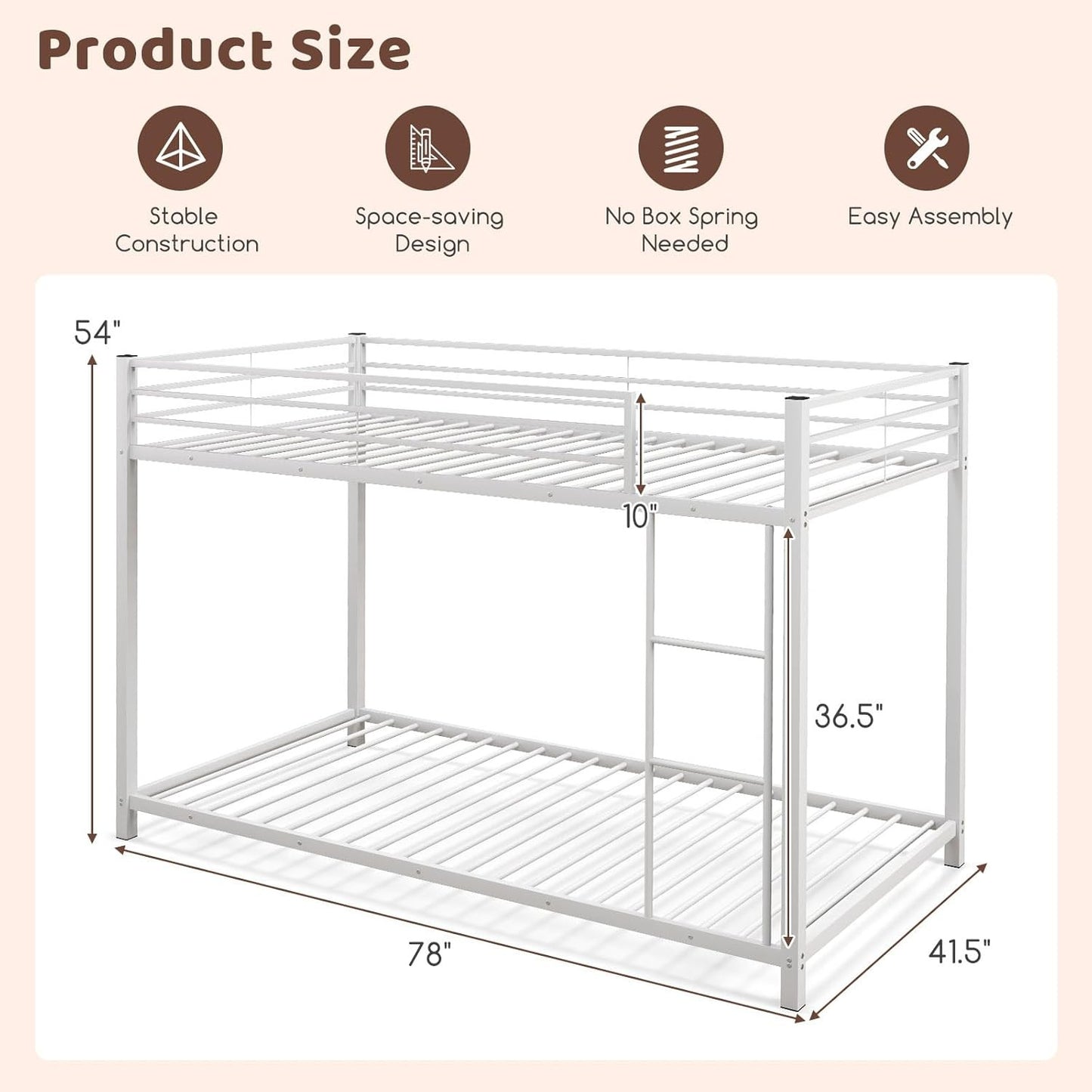 Beliche de metal branco com duas camas de solteiro, estrutura de cama resistente com grade de segurança e escada, beliche baixa para meninos