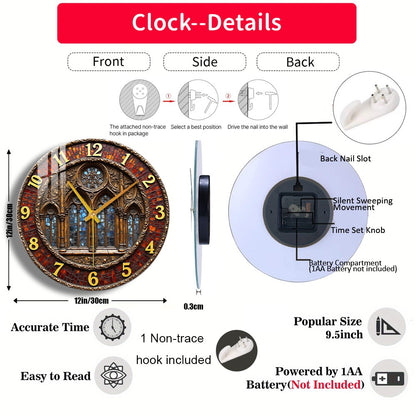 Tempered Glass Wall Clock Gothic Stained Glass Window Clock Suitable For Wall Decor or Tabletop Display Anywhere