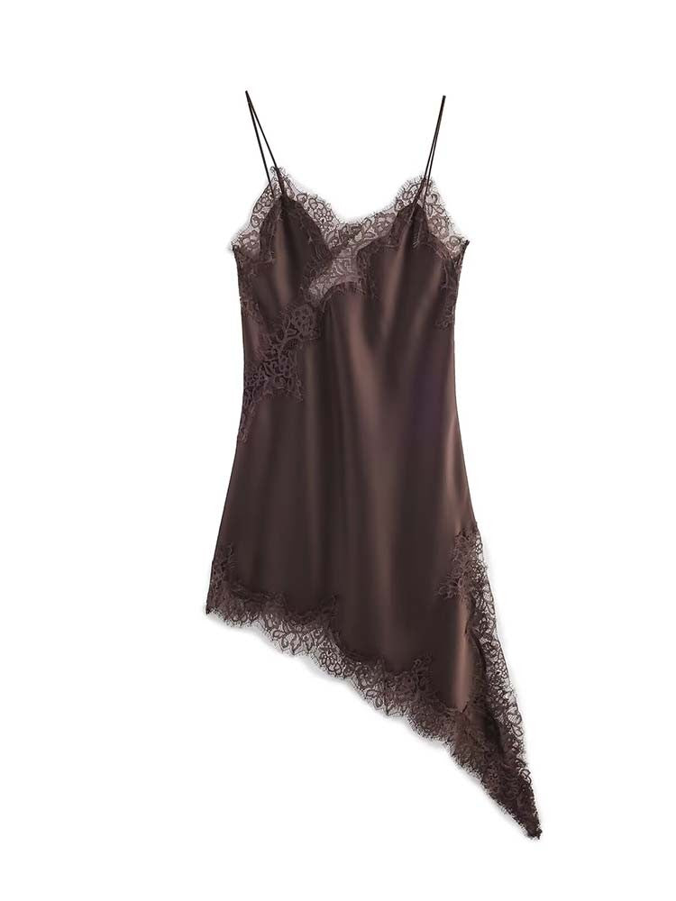 Women Fashion Sexy V-Neck Lace Elegant Halter Dress Asymmetric Hem Dress 2025 Summer New Fashion Holiday Party Beach Dresses