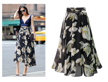 Plus Size Print Floral Skirt Women 2024 Summer Loose Elastic High Waist Chiffon Midi Skirts Lace Up Bow L-5XL Swing Jupe Femme