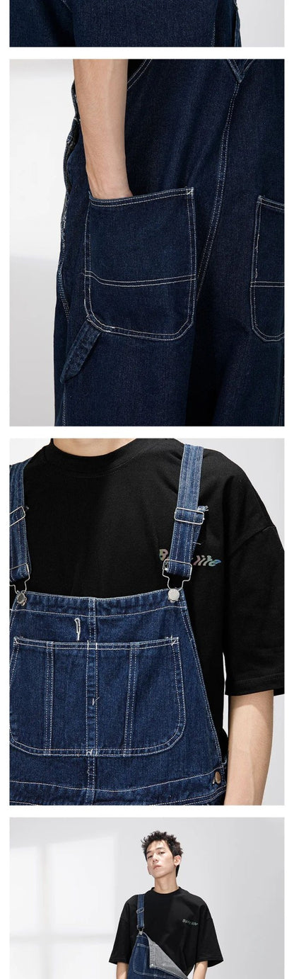Macacão Jeans Retrô Estilo Japonês Casual Perna Reta Roupa de Trabalho Streetwear Americano Macacão Jeans Masculino e Feminino Folgado
