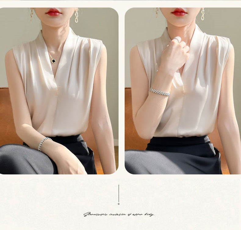 Womens Tops Blouses Solid Color White Satin Blouse Office Shirt Blusas Sleeveless Women Shirts Black White Female YTM A31