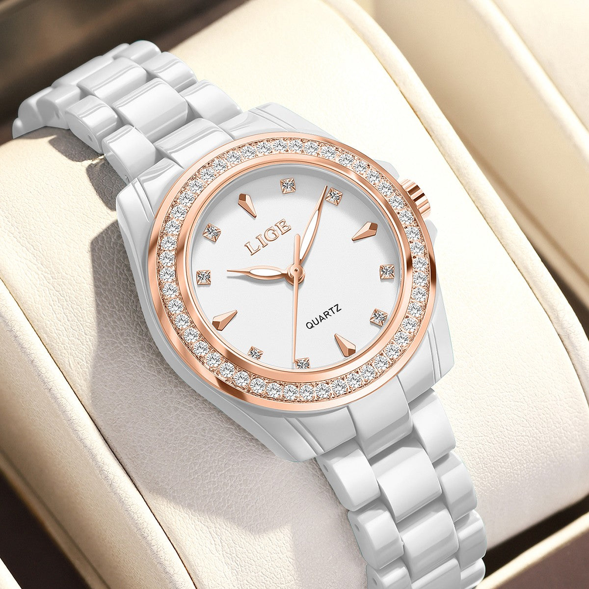 LIGE Fashion Elegant Watch for Women Ceramics Strap Diamond wristwatch Luxury Ladies Bracelet Quartz Watches Gifts Reloj Mujer